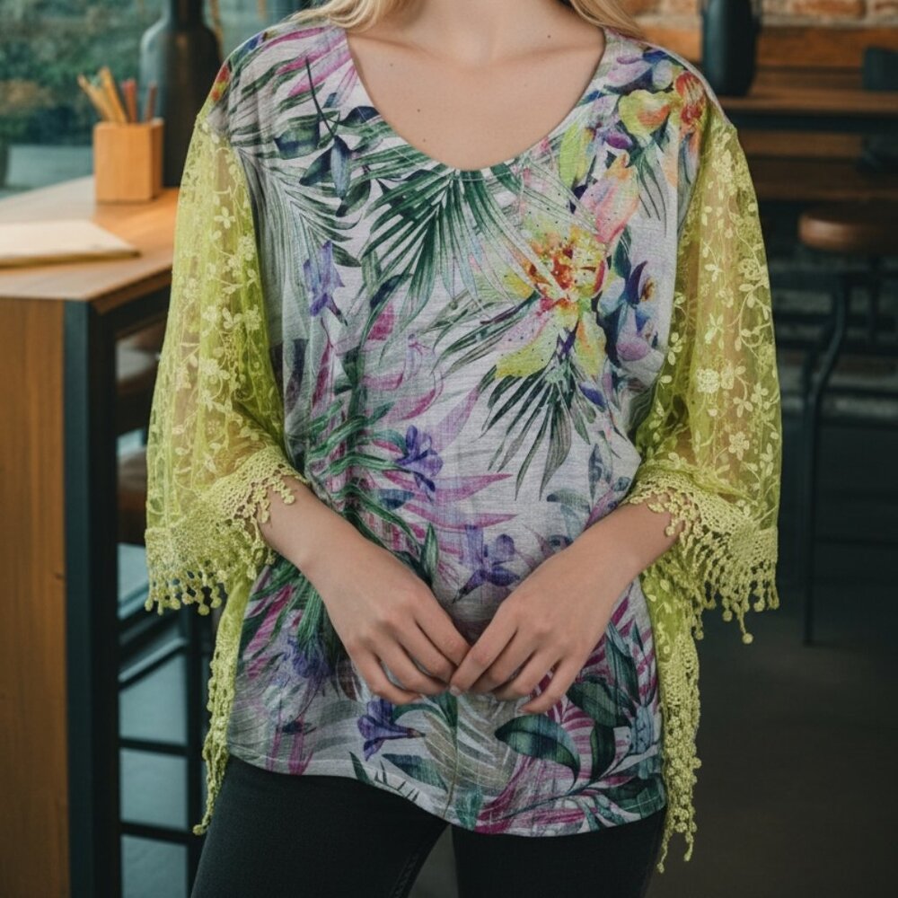 Upcycled Tropical Floral T Shirt Poncho Handknotted Beaded Fringe Venetian Lace